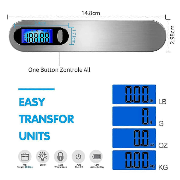 Resevåg Bärbar Digital Bagagevåg Max 50 kg/110 lb (LB, g, Oz, kg) Våg med Krok Resor/Shopping/Post/Hushåll/Utomhusbruk