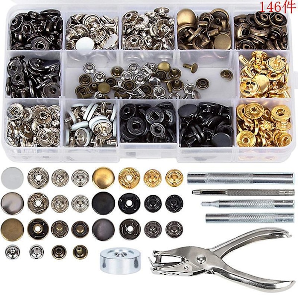 146 Sæt Metal Rørformede Nitter til Læder og 6 stk. Nitteværktøj til DIY Læderhåndværk, Udskiftningsnitter Reparationer Dekoration, 6 Farver