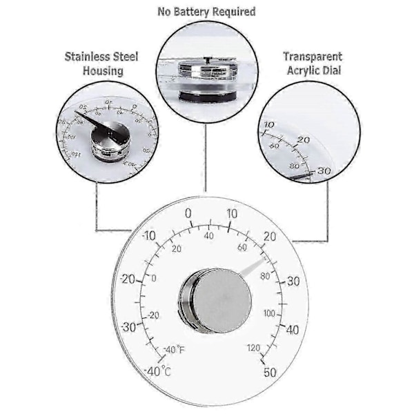 Fönstertermometer för utomhus och inomhus, inget batteri krävs, transparent urtavla, vädertermometer, exakta avläsningar för hem, kontor, uteplats
