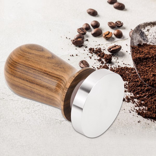 Kaffe Tamper i Træ med Flade Bund i Rustfrit Stål (58mm)