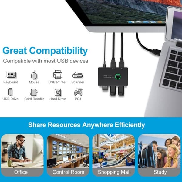 4-ports USB 3.0-switch, deling mellem 2 computere, dobbelt pc USB-A-adapter