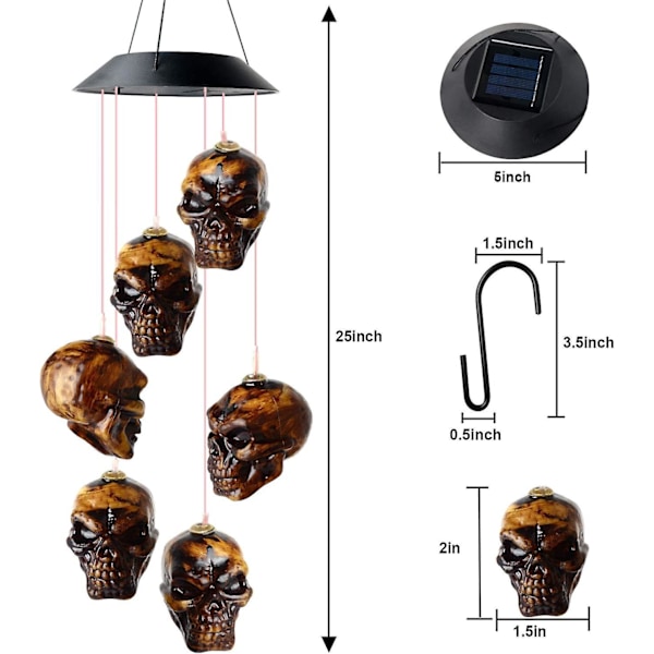 Solcelledrevet kranie-vindspil - Sjovt skelet-guirlande - Sjovt nattelys