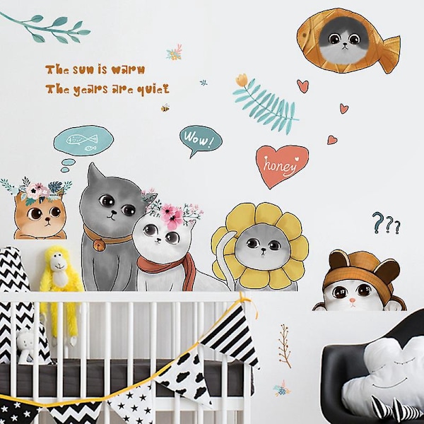 1 Styck Söta Katt Väggdekaler För Barnrum Heminredning Tecknade Djur Väggdekaler PVC Mural Konst
