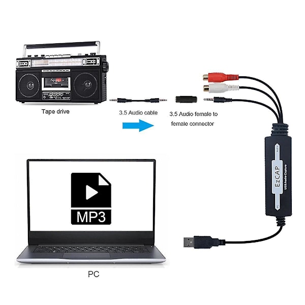 USB 3.5mm Lydopptak Redigeringskabel til Digital kompatibel Innspilling Analog til CD/MP3 Konverter-B13