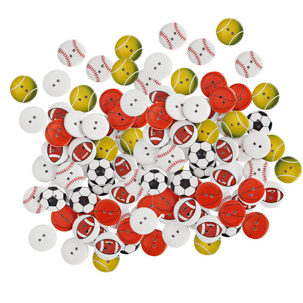 100 stk. tre knapper 2-hulls rund form basketball fotball blandet mønster syknapper
