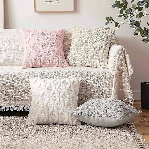 2-osainen tyynynpäällinen, pehmeää plyysivillaa ja mokkaa, timanttikuvio molemmin puolin, 30x50cm, valkoinen