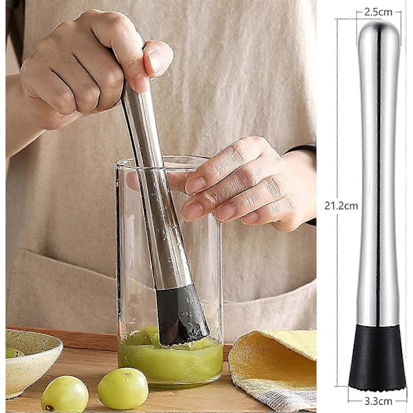 Cocktail Muddler Rustfritt Stål 21cm Mojito Knuser med Rillet Nylonhode Bar Stav Fruktmikser