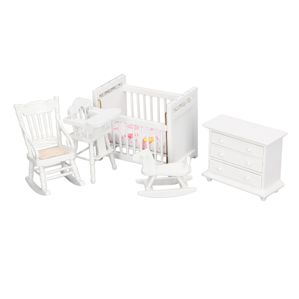 1:12 Dockhusmöbler Modell Set Miniatyr Baby Spjälsäng Gunghäst Stol Skåp Dekoration Tillbehör