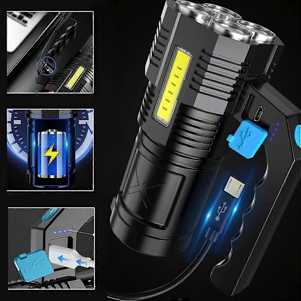 LED Ficklampa Uppladdningsbar COB Spotlight Vattentät och 4 Lägen Bärbar