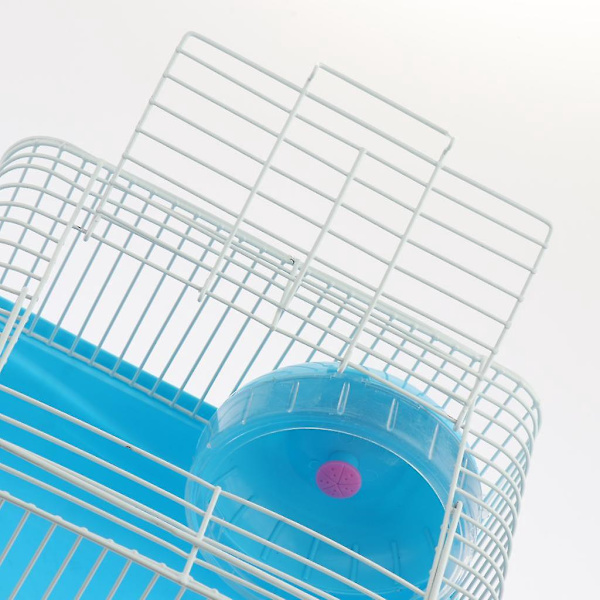 Hamsterin häkin kuljetuslaatikko juoksupyörällä, juomapullolla ja ruokakupilla, sininen
