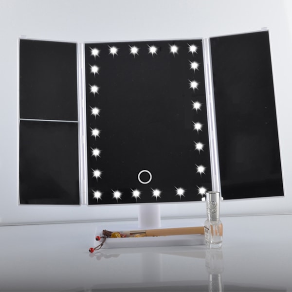 LED-sminkebordsspeil, trefoldig USB, svart, med datakabel, lite speil, sminkebordsspeil for soverom daglig