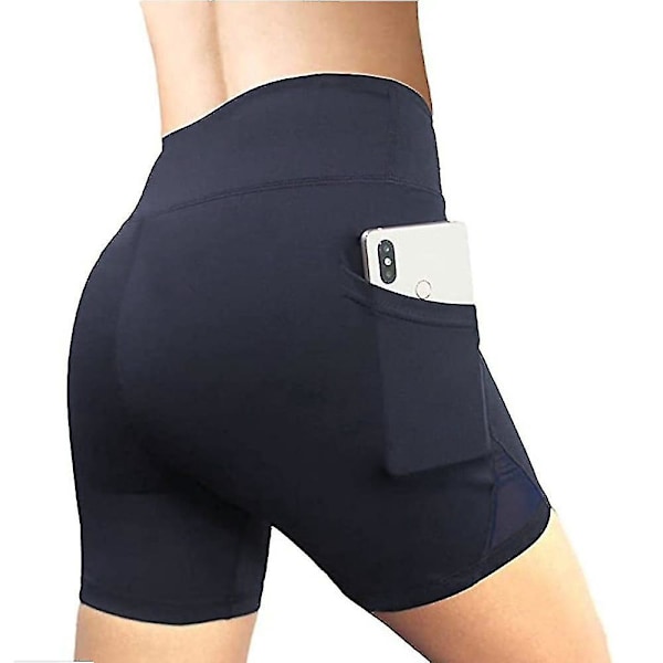 Bredbands sportsshorts med hög midja för kvinnor med telefonficka XL mörkblå