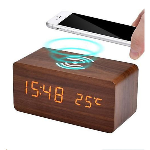 Trä Digital Väckarklocka med FM-radio, Trådlös Laddare för iPhone/Samsung Galaxy, USB-laddningsport, Sömntimer, LED-klocka för Sängen