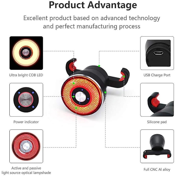 Ultra Lys LED Sykkel Baklys med Bremsesensor, Vanntett, USB Ladbar, Automatisk På/Av