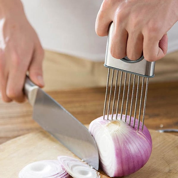 Rostfritt Stål Lök Slicer - Enkel Hållbar Grönsaksskärare för Tomat, Citron, Potatis och Kött (Silver)