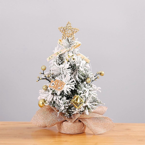 Mini Bordplade Kunstigt Juletræ Med Flok af Gyldne Bær og Snefnug
