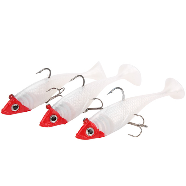 3st Pack Fiskedrag TTtailed Rött huvud Vit Body Fiskedrag Packat mjukt bete