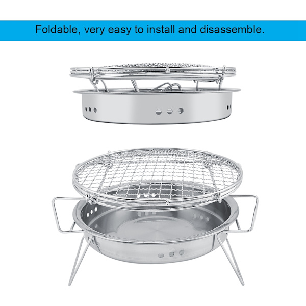 Rustfrit stål Mini BBQ Grill Foldbar Bærbar Rund Grill Komfur til Udendørs Camping Patio
