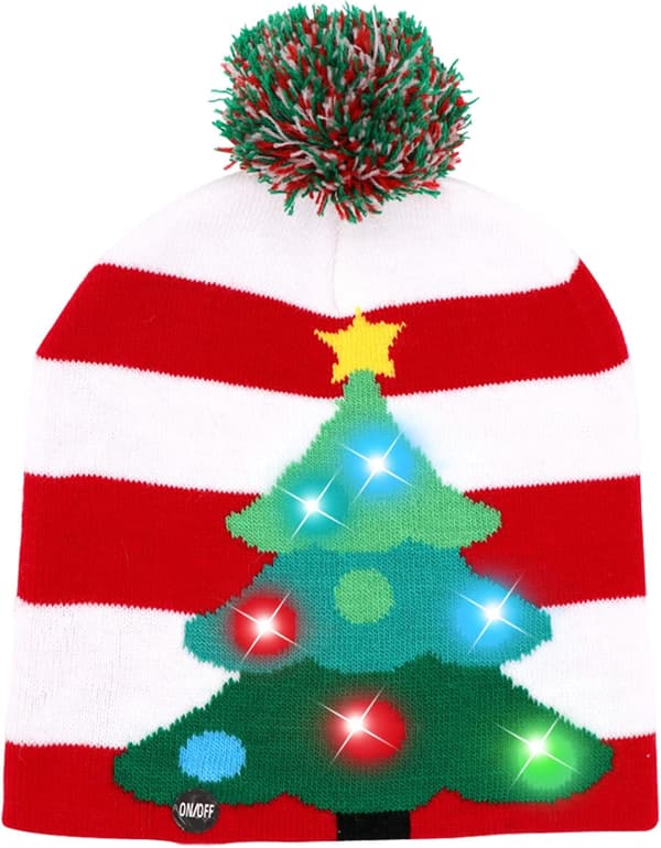 LED Julelue med Lys, Strikkede Luer med 6 Fargerike LED-lys, Unisex Vinterlue Red