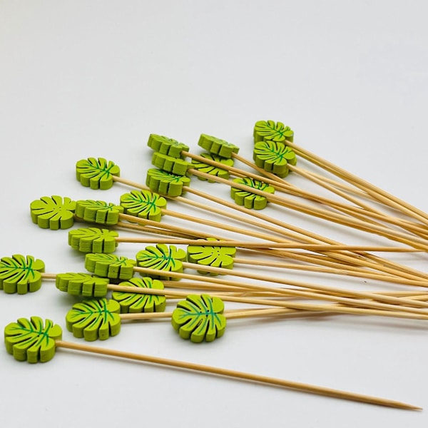 Bambus Cocktailpinner - 100 Grønne Blad Tannpirkere, 12cm, Perfekt for Party Snacks, Frukt & Smørbrød