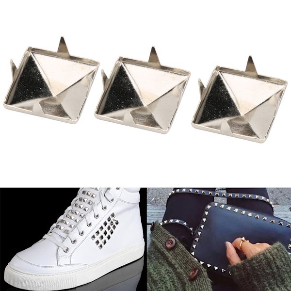100st fyrkantiga Pyramid Punk Nitar 4 Klo Metall Dubbar för Armband Kläder Skor Handväska Silver 12mm