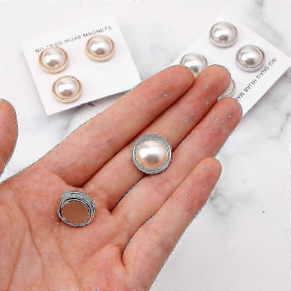 Utsökt 4-pack Vit Pärla Hijab Brosch Säkerhet Magnetisk Mode Sjal Halsduk Nålar Utan Hål Silver
