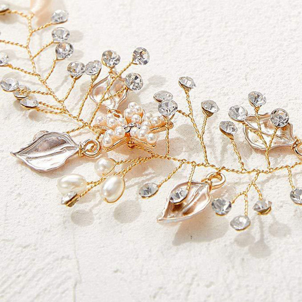 Bryllupspandebånd Rhinestone Faux Perle Blomst Bladformet vedhæng Brudehovedbeklædning Hårtilbehør