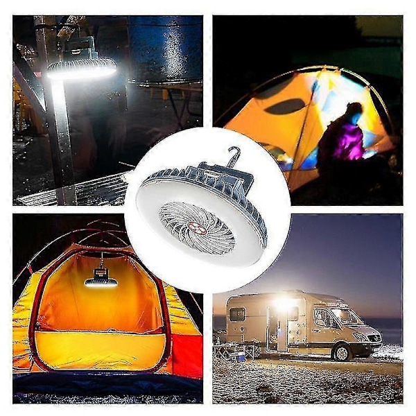 Bärbar campingfläkt med LED-lykta, uppladdningsbar med krok