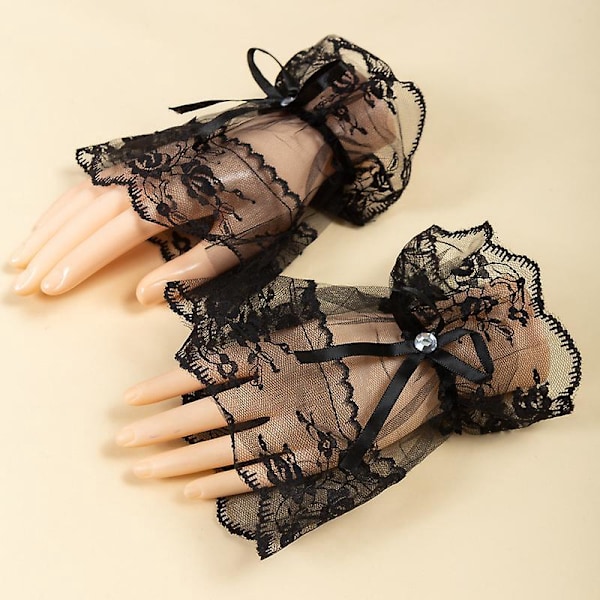 Steampunk Lace Cuff Bracelet - Gothic Lace Bow Gloves (Black)