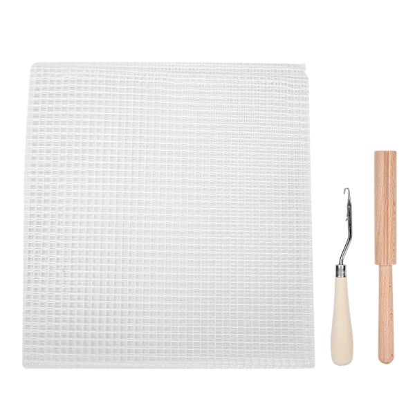 Mesh stof DIY håndlavet tæppe vævet gitterstof materiale 50x50cm træhåndtag hækling