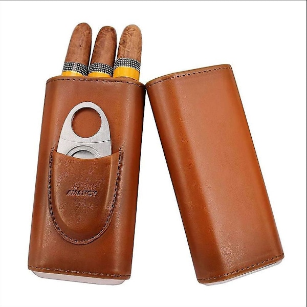 3-Fingers Elegant Svart Brun Krokodilmönstrad Läder Cigarrfodral med Liten Luftfuktare och Cutter