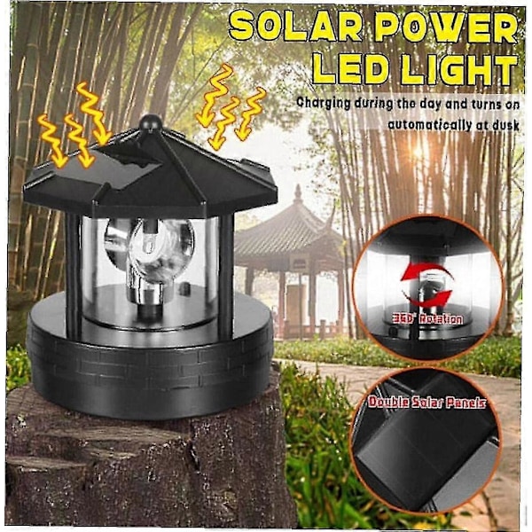1 stk. Solcelledrevet LED Roterende Fyr, 360 Graders Roterende Praktisk Lampe Udendørs Have Dekoration Lampe