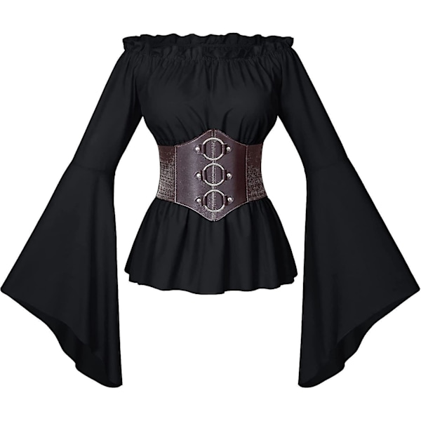 Ruffle Smocked Waist Victorian Pirate Shirt Blouse Set for Women Large Black