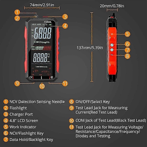 USB Multimeteri Digitaalinen Volttimittari 4,8 tuuman LCD-näytöllä Multi Tester Kapasitanssi Resistanssi Taajuus