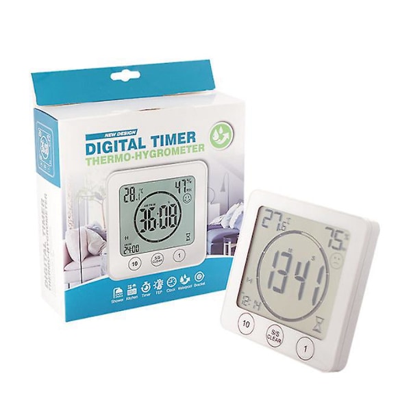 Badrumsklocka, Vattentät Touchkontroll Duschklocka, LCD Digital Alarm, Hygrometer Termometer, Nedräkningstimer, Batteridriven, för Kök Smink
