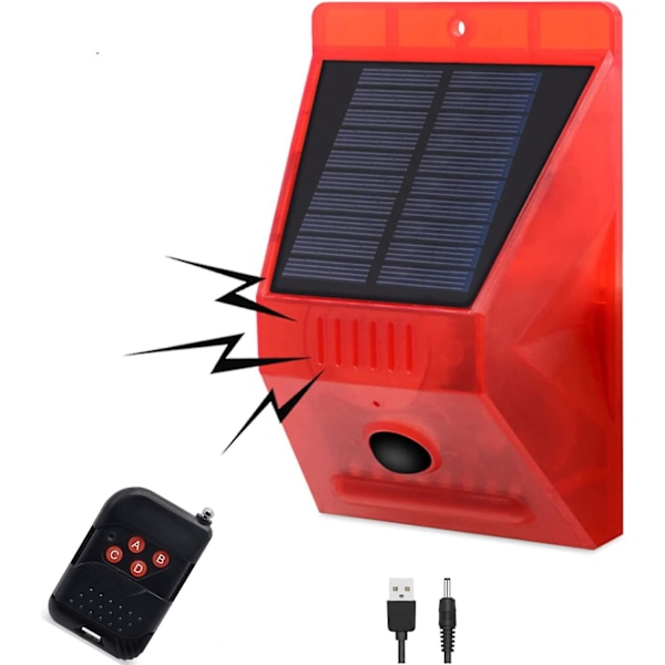 Solcellsdriven Rörelsedetektorlarm 129db Hög Siren Blixtljus 4 Lägen Fjärrkontroll för Utomhus Säkerhet