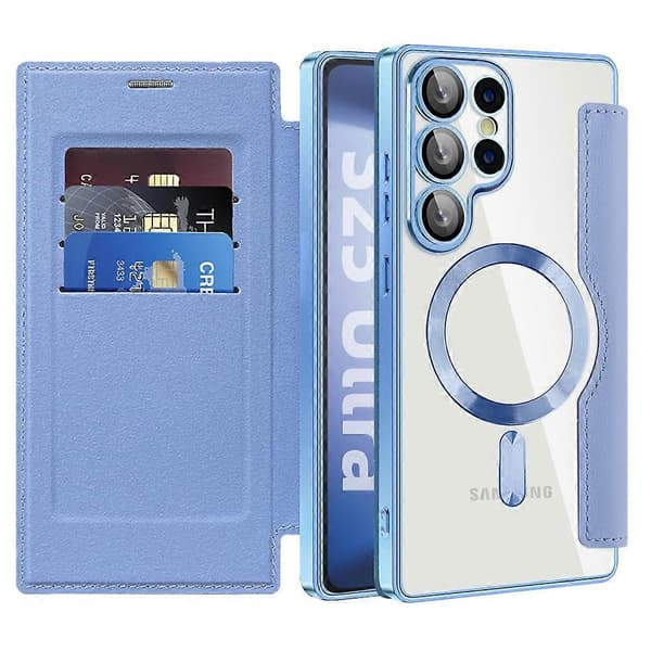 For Samsung Galaxy S25 Ultra Case Compatible with MagSafe RFID Blocking Leather Phone Cover Blue Blue Blue