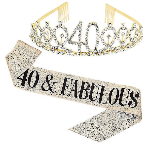 Kvinner Glitter Rhinestone Bokstavtrykk Skjerf Tiara Sett Bursdagsfest Utstyr Zekai Gullfarget 40 År