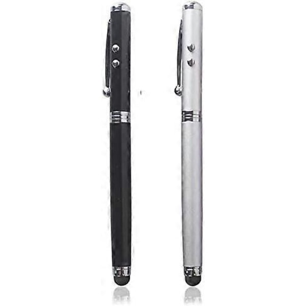 [2 st] 4-i-1 Universal Pekpenna för Touchskärm + Kulspetspenna + Pekare + LED-Ficklampa för Smartphone/Surfplattor iPad iPhone Samsung etc [Svart + Silver