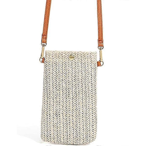 Hvide Crossbody Tasker, Casual Vævede Stråtasker til Kvinder, Vævede Skuldertasker, Mobiltelefontasker