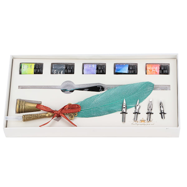 Kalligrafi Pen Set Glass Ink Feather Fountain Pen med utskiftbar spiss Skrive Gaveeske KitSP118043 Perlemor Mørkegrønn