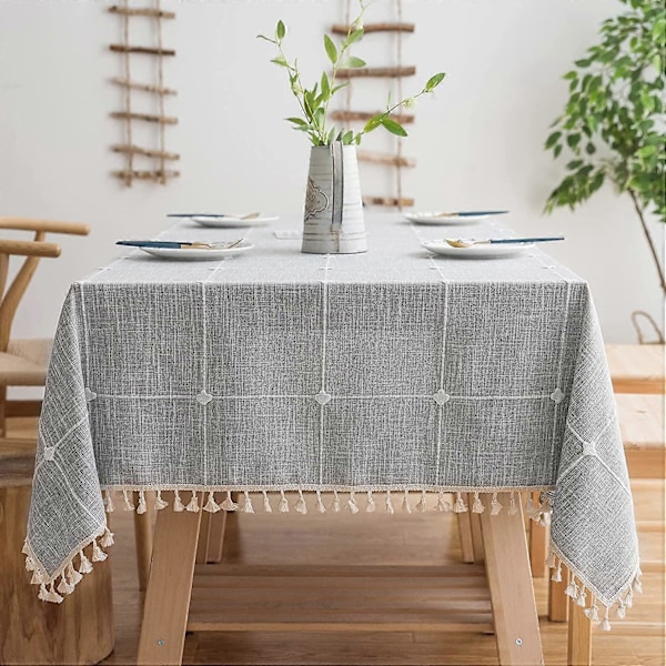 Rustikk Rutete Duk (140x178 cm) Bomulls Lin Grå Rektangulære Duker for Kjøkken, Spisestue, Selskap, Høytid, Jul, Buffet
