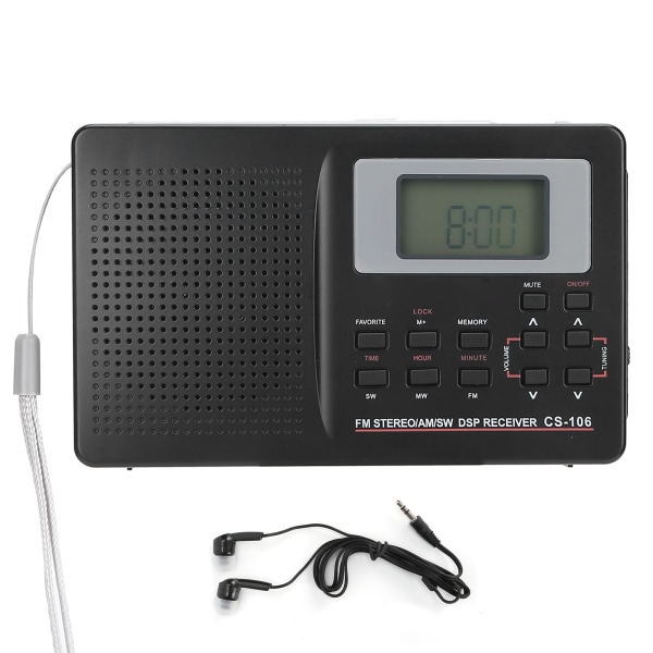 CS-106 fullbandsradio Mini FM/AM/SW/MW-mottagare med hörlurar för digital klocka