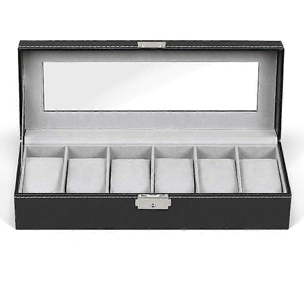 Klocklåda i Läder Visningsfodral Organizer Glas Smyckesförvaring Svart