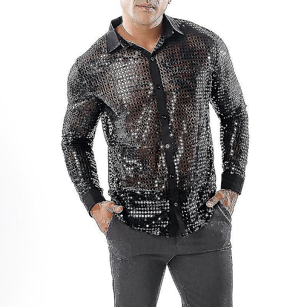 Glittrande Sekvensmäskig Disco Dans Skjorta för Män, Svart 2XL