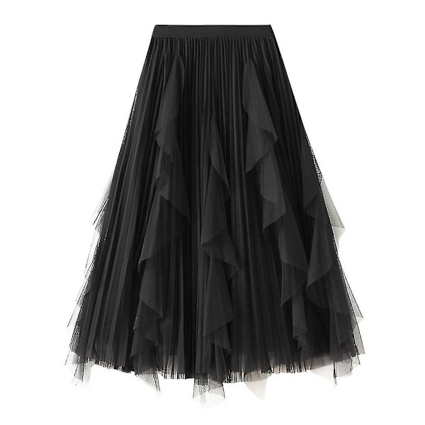 Svart Mesh Ruffle Tutu Lang Swing Skjørt for Kvinner