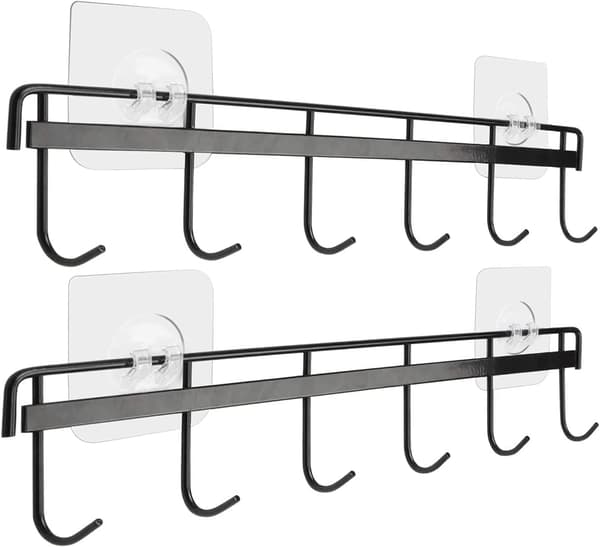 Utensil Holder with 6 Hooks Wall Mounted Kitchen Utensil Rack No Drilling Self Adhesive Wall Hanger