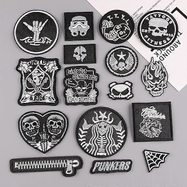 Broderad Stryk-på-lapp, (Döskalle/Punk) 16 st Lapp-klistermärken, Vintage Stryk-på-lapp, Broderad Sy-på-lapp för Kläder Jeans Jackor Ryggsäckar