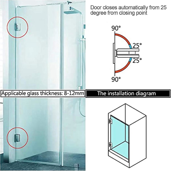 Rammeløs Glasdørshængsel - 2 Pak 90 Grader, til Rustfrit Stål Badeværelsesdørklips, 8-12mm Hærdet Glas-Kompatibel, Hårdt Brug