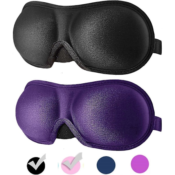 2-pack 3D Ögonmask för Sömn, Maskintvättbar, Sovmask för Kvinnor, Blinder Ögonbindel Flygplan med Resepåse (Svart+Lila)